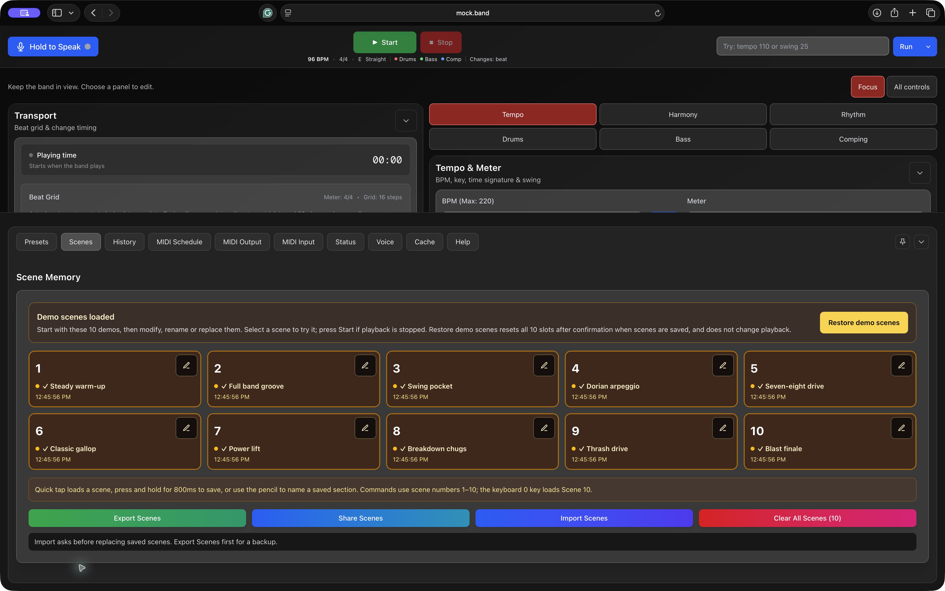 Mock Band Scenes panel showing ten demo scene slots and JSON export, sharing, import and clear controls.